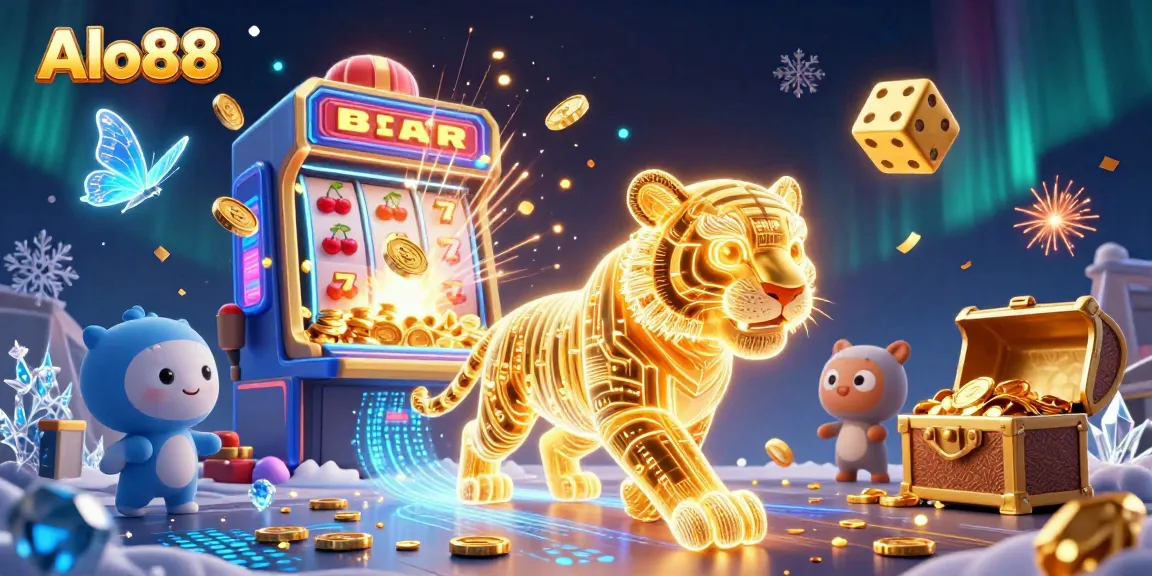 Alo88 offers an exciting gaming adventure as a neon tiger prowls through a digital casino bursting with jackpots and treasures.