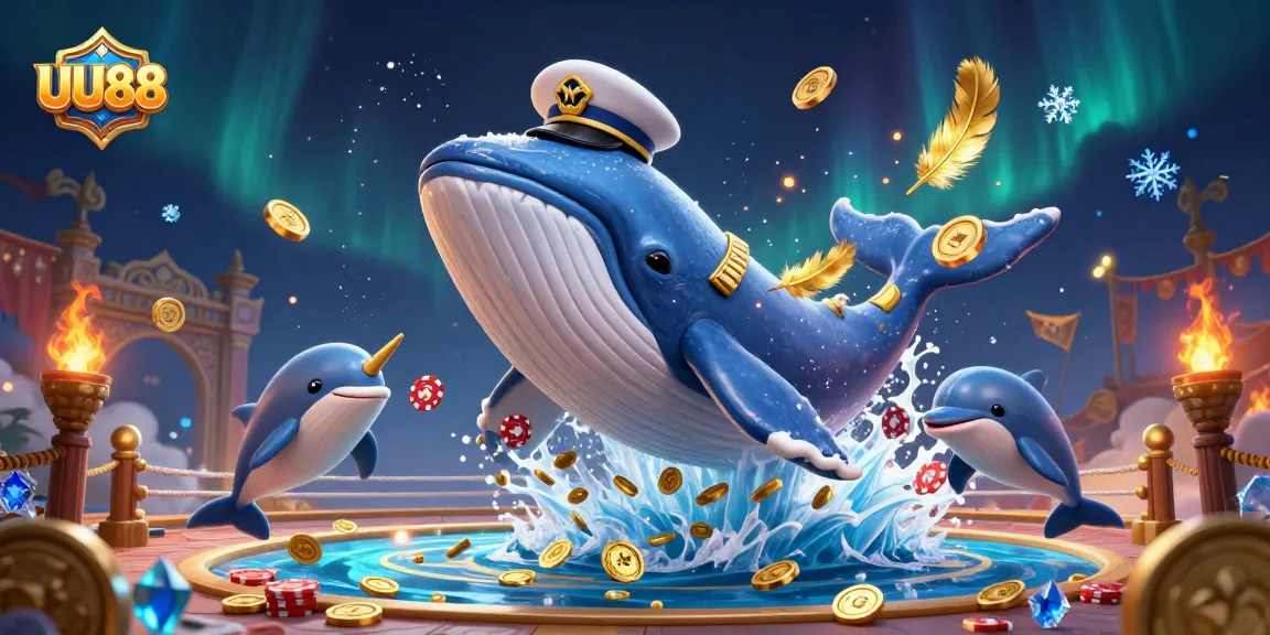 Engage in gambling adventures at UU88 with playful dolphins and a golden-horn narwhal in a treasure-filled scene.
