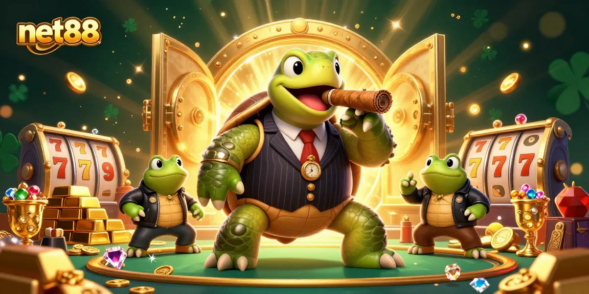 net88 gaming illustration featuring a snapping turtle in a pinstripe suit amidst casino treasures