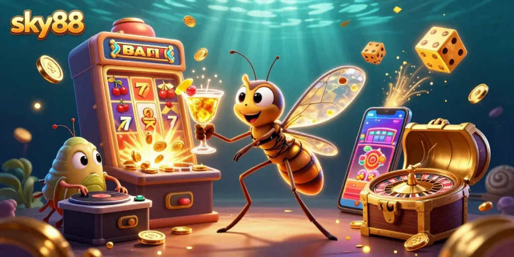 Engage with sky88 in a vibrant casino scene featuring unique creatures and gaming excitement.