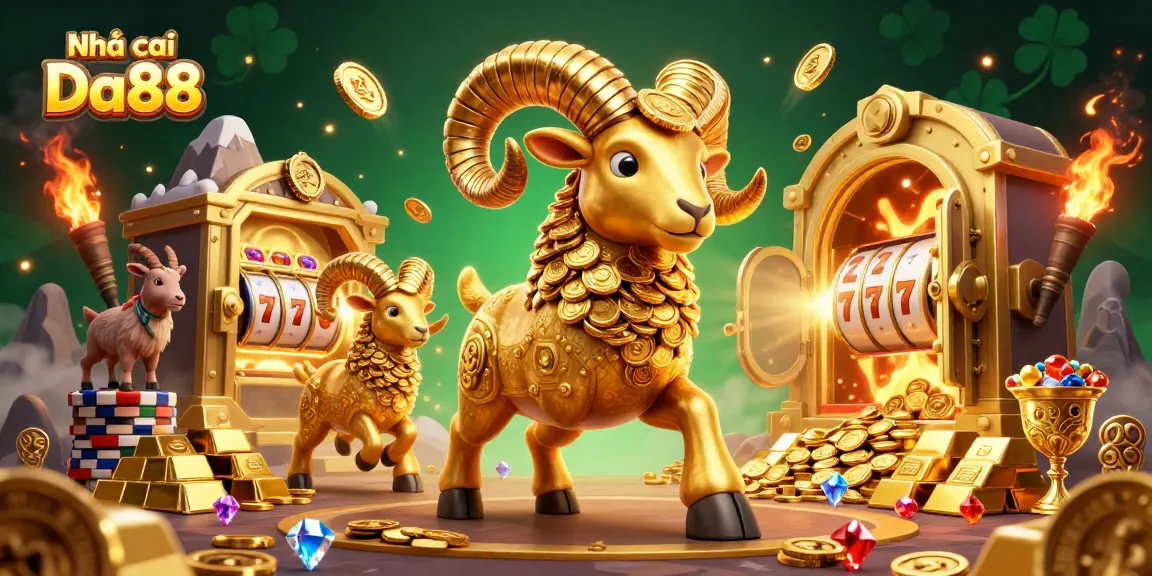 Experience the excitement at Nhà cái Da88 with a vibrant scene filled with gold coins, a massive ram, and treasure galore.