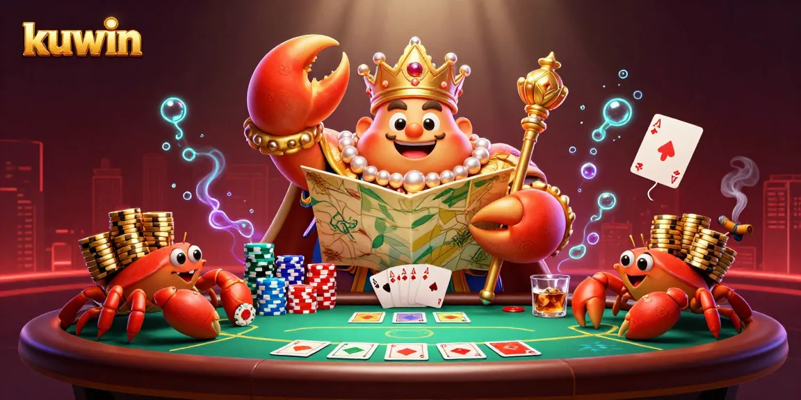 Kuwin welcome illustration showcasing a golden crab emperor with poker elements and vibrant casino atmosphere.