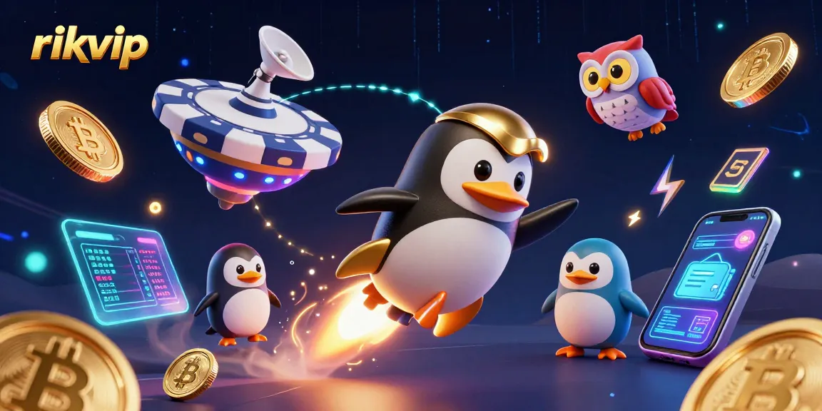 Experience rikvip casino thrills with golden penguins and crypto elements in vibrant 3D!