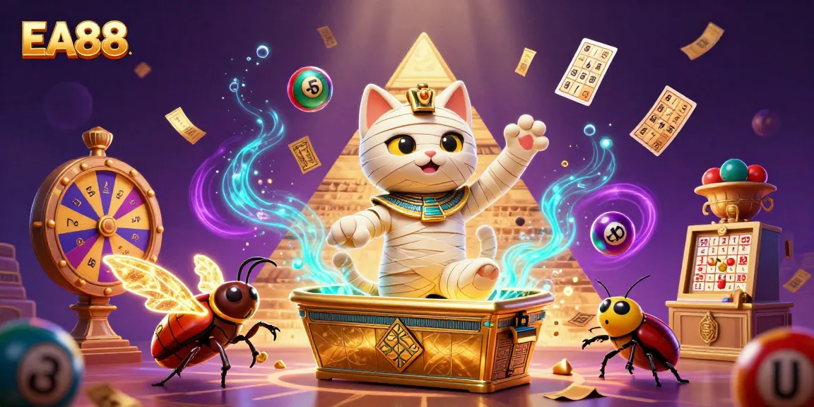 EA88's Egyptian mummy cat and glowing scarab beetle immerse players in vibrant casino adventure.