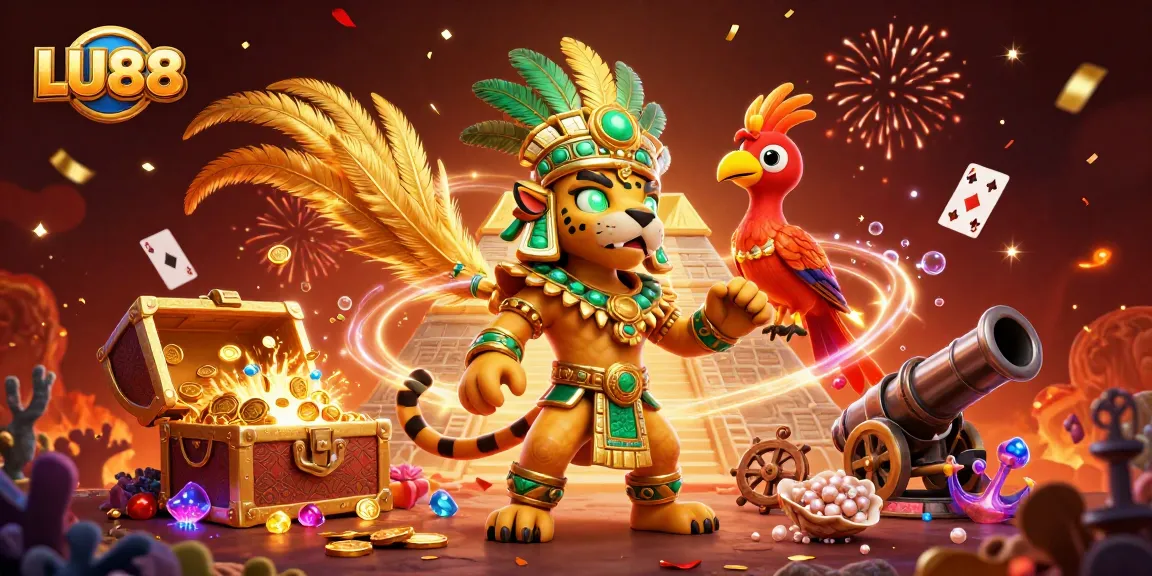 Experience LU88 with a Mayan priest, treasure, and dynamic casino elements in a vibrant 3D scene.
