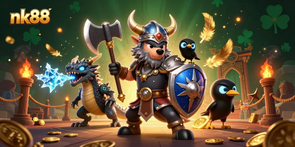 Engage in thrilling action at nk88 with a Viking wolf warrior, fierce dragon, and a cartoon raven in a dynamic online casino scene.