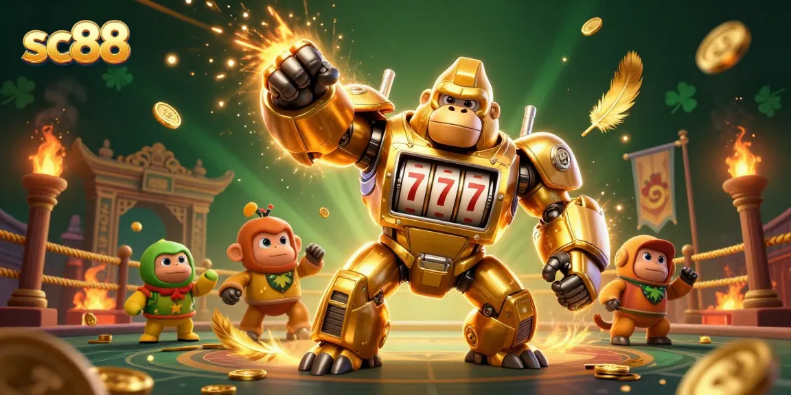 Join the thrill with sc88's golden gorilla mech amidst a vibrant casino battle scene.