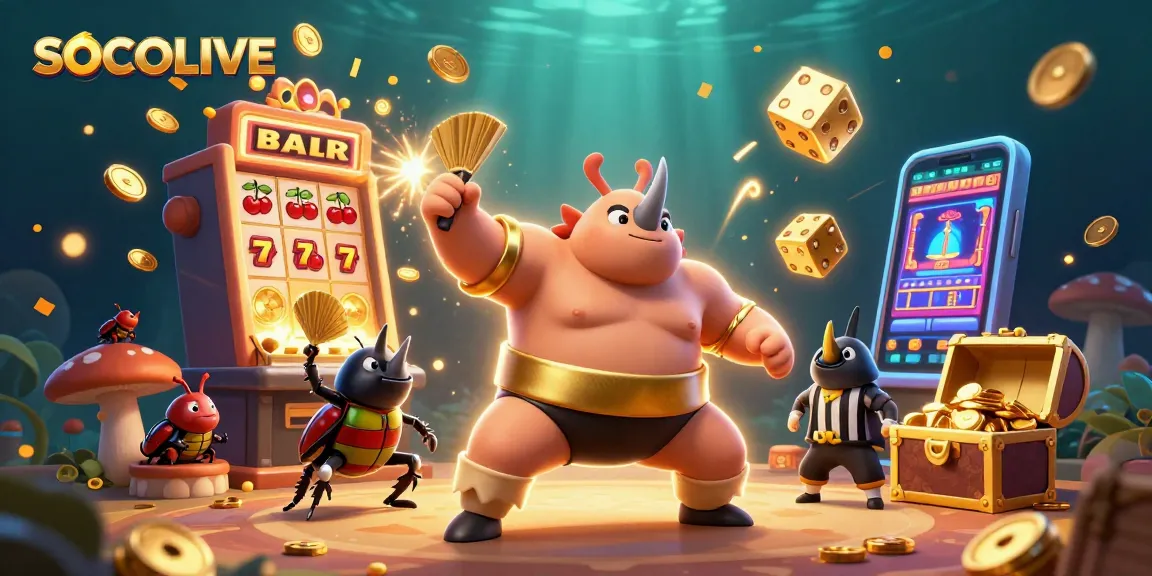 SOCOLIVE showcases a dynamic scene with a sumo champion beetle and slot machine bursting with coins and excitement.