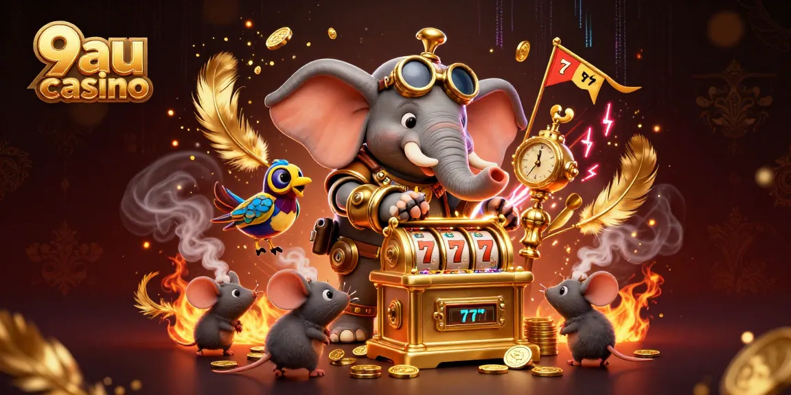 Experience excitement at 9au casino with a steampunk elephant operating golden slots.