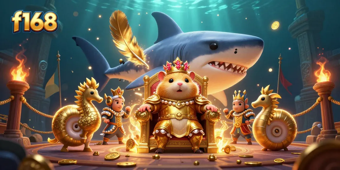Experience thrilling gameplay at f168 with a golden hamster king leading seahorse guards in an underwater casino arena.