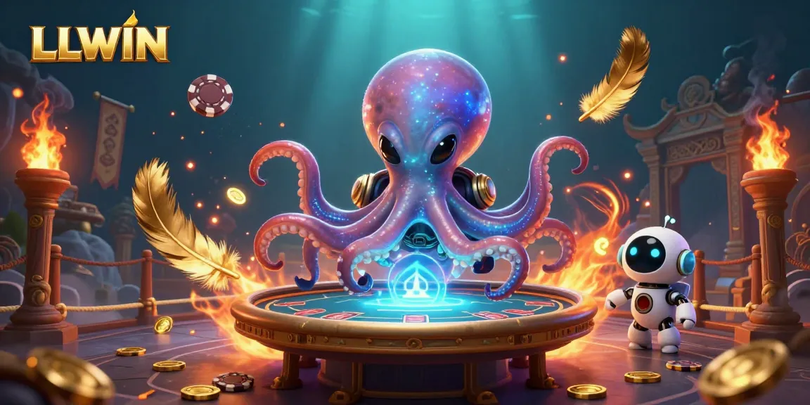 LLWIN alien octopus playing holographic poker chips in an ultra-detailed casino scene