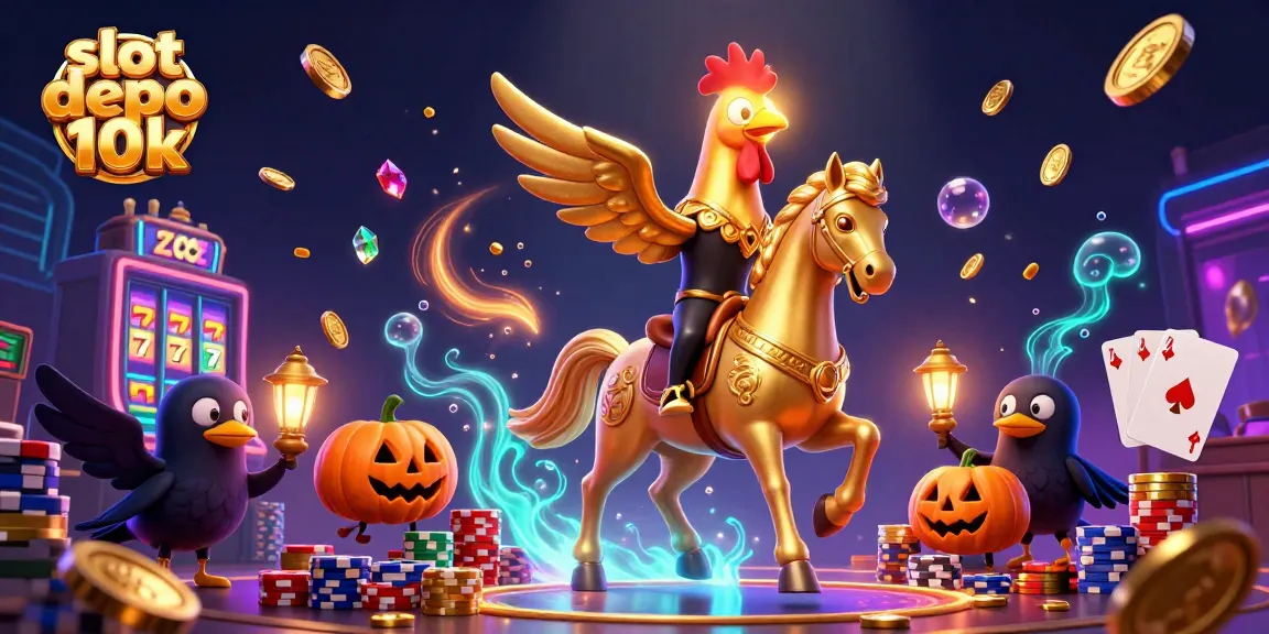 Experience slot depo 10k with a golden rooster and a casino scene depicting vibrant jackpots.