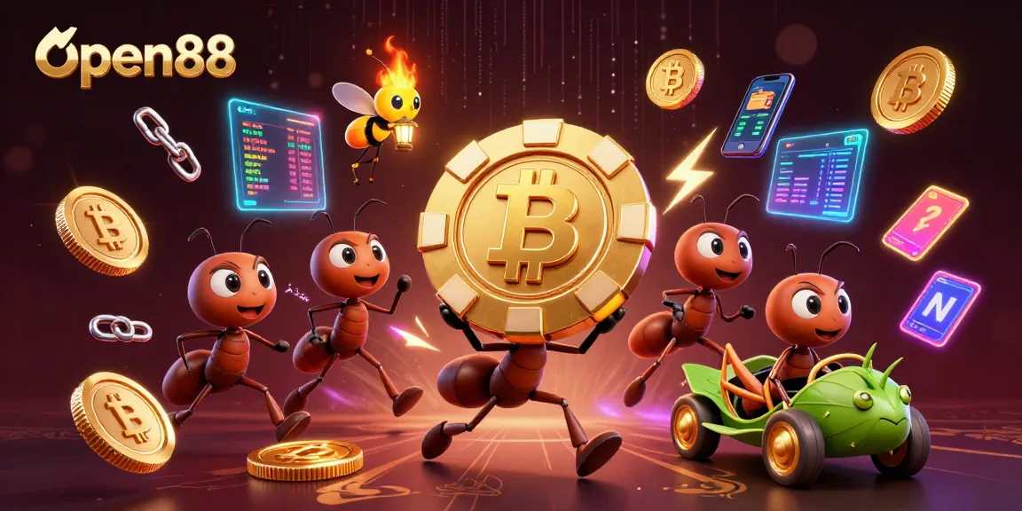 Join the adventure at open88 as cartoon ants carry a massive poker chip during their heist.