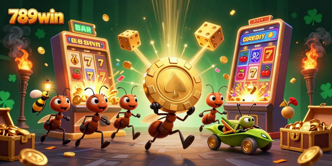 Join the vibrant heist escape in the 789win casino universe, with ants and thrilling game symbols.