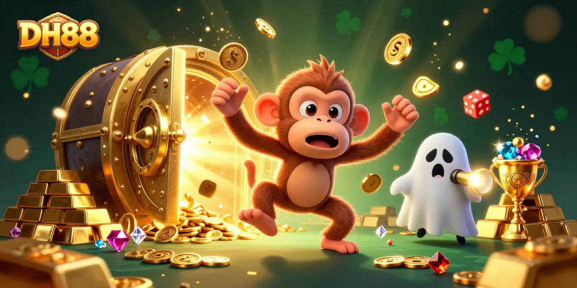 Experience the thrilling world of DH88 with a playful monkey and puppy illuminating the casino atmosphere.