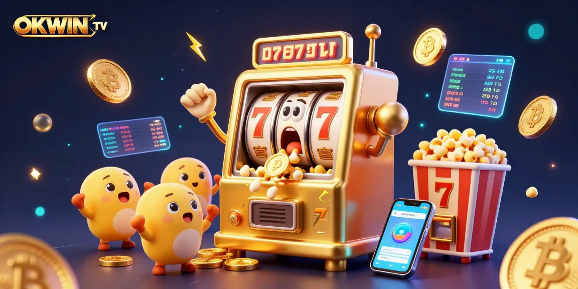 Experience thrilling wins at OKWIN TV with dynamic slot machines and crypto symbols in a vibrant, colorful scene.