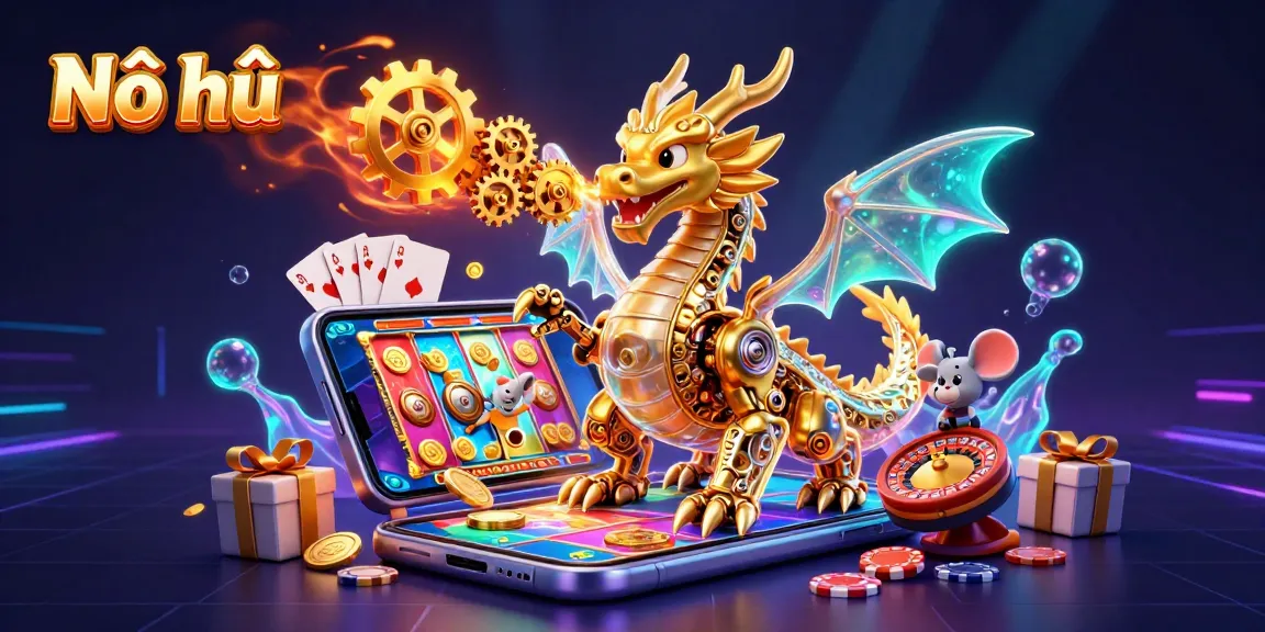 Nổ hũ ignites excitement with a dragon, golden coins, and vibrant slot game elements.
