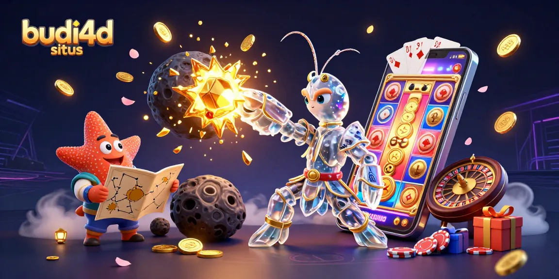 Experience big wins at budi4d situs with a colorful slot game, golden coins, and cosmic fun!