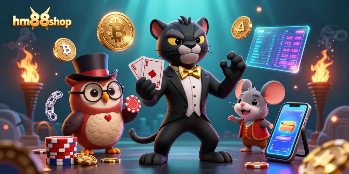 Engage with hm88shop’s colorful casino scene showcasing a panther dealer, owl, and lucky mouse.