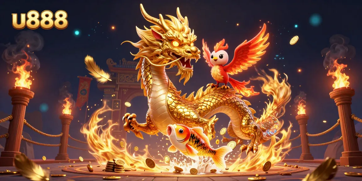 Engage with u888's thrilling casino atmosphere featuring a golden dragon and phoenix.
