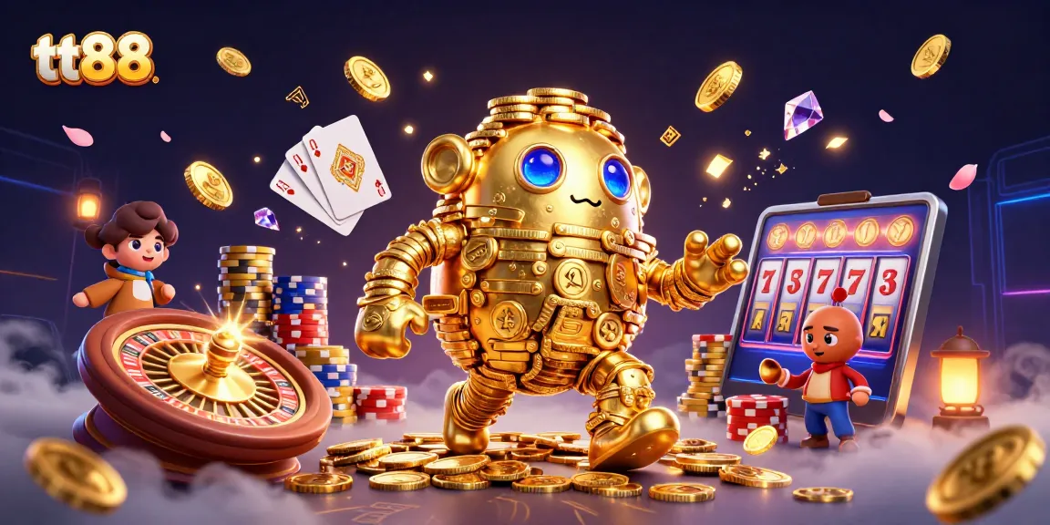 Experience thrilling action with the tt88 golden golem surrounded by dazzling casino elements.