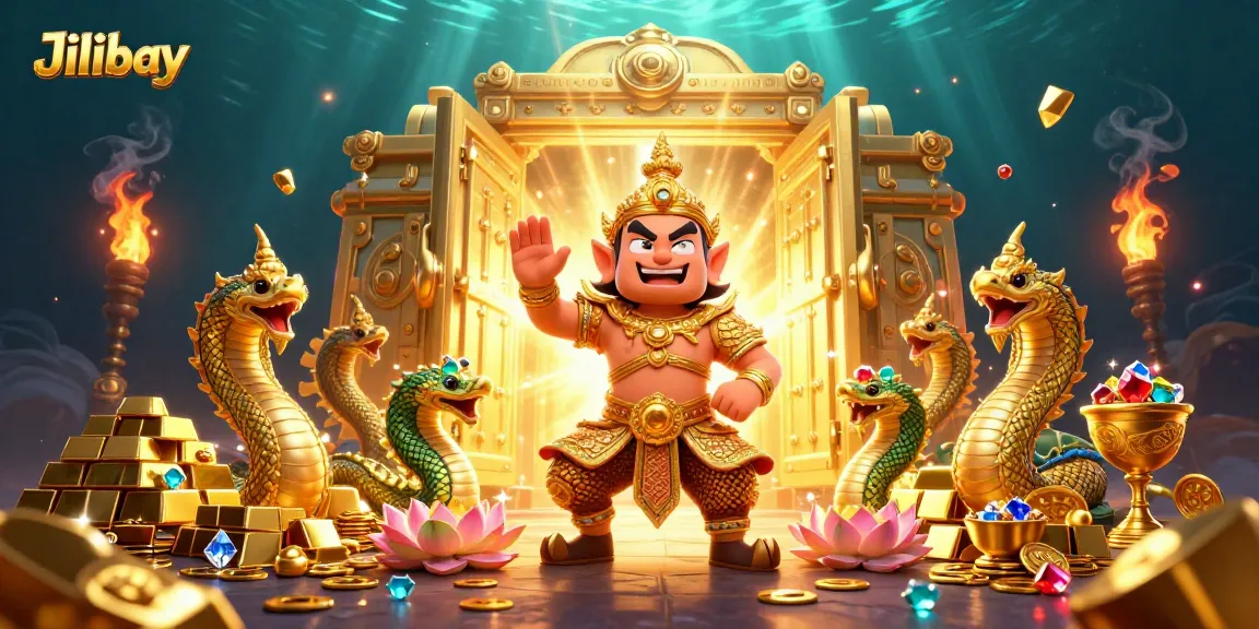 Engage with Jilibay's vibrant 3D casino illustration filled with treasures and imaginative characters.