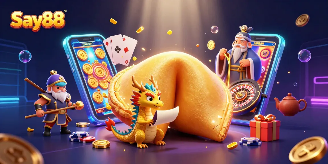 Experience gaming with Say88's golden fortune cookie and dragon amidst vibrant casino elements