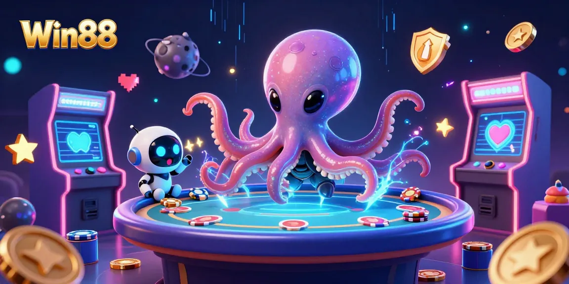Win88 showcases a colorful casino scene with an alien octopus and arcade elements, creating an engaging atmosphere.