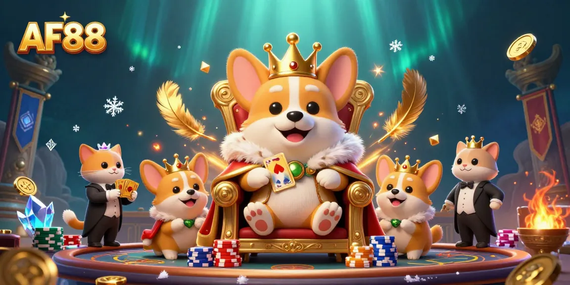 Experience the excitement of AF88 with a royal corgi on a throne surrounded by casino elements.