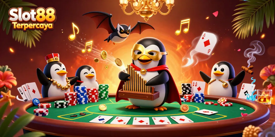 Experience the thrill of Slot88 Terpercaya as the penguin plays with golden coins amidst a vibrant casino scene.