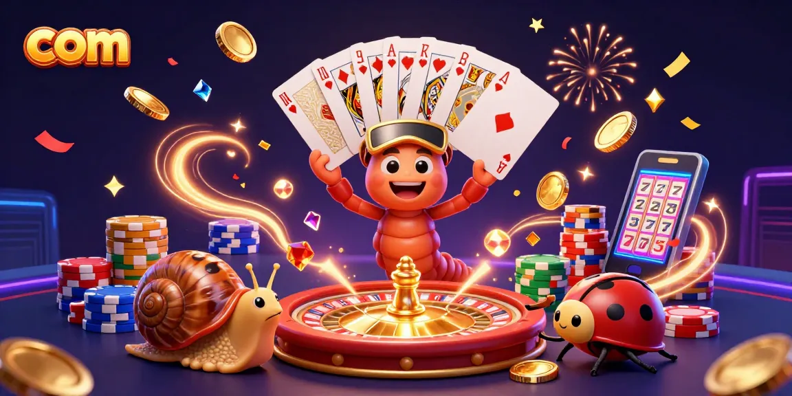 Engage with com's vibrant casino world, featuring a lively millipede dealer surrounded by colorful chips and confetti.