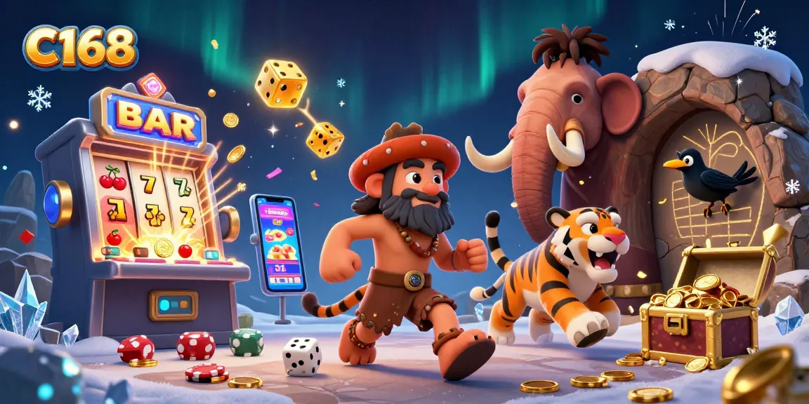 C168 casino fun with a caveman and sabertooth duo enjoying a prehistoric slots adventure.