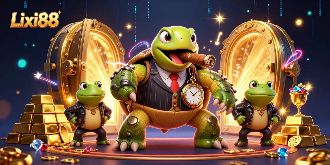 Lixi88 offers thrilling gambling experiences with vibrant 3D casino illustration featuring a cartoon turtle and bullfrog enforcers.
