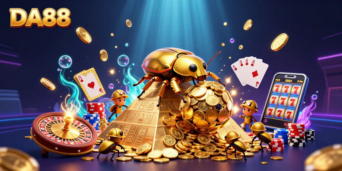 Experience the excitement of DA88 with a vibrant 3D illustration showcasing a golden dung beetle and casino symbols.