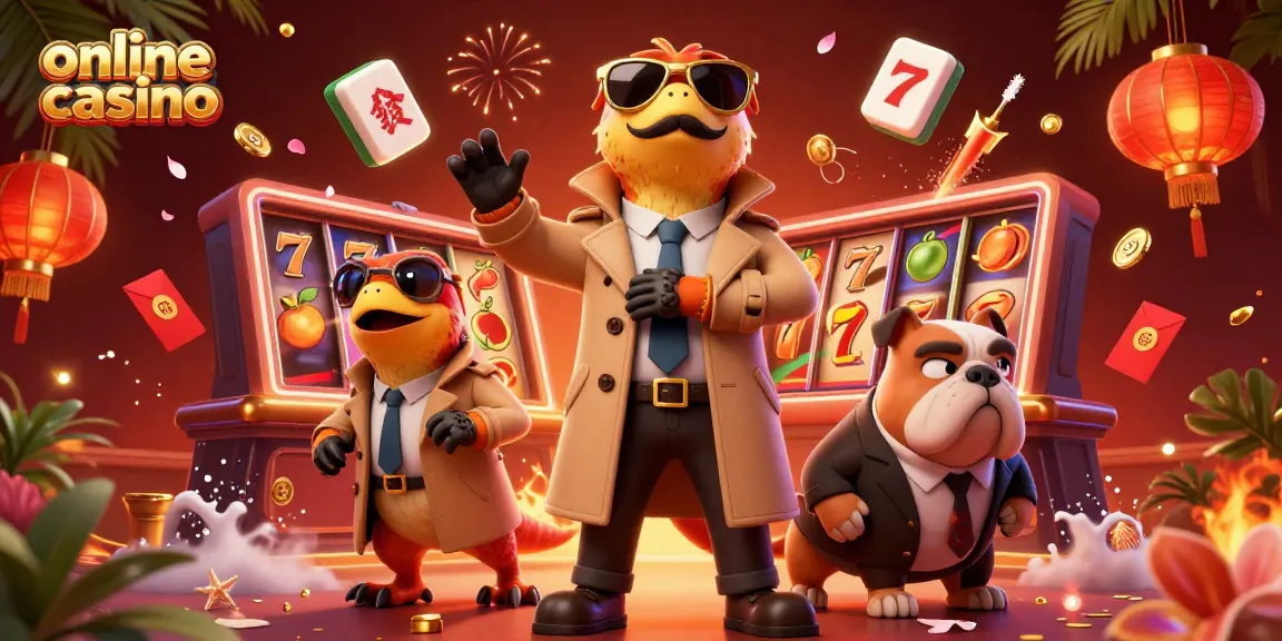 Engage in an online casino adventure with raptors in a trench coat and vibrant slot elements.