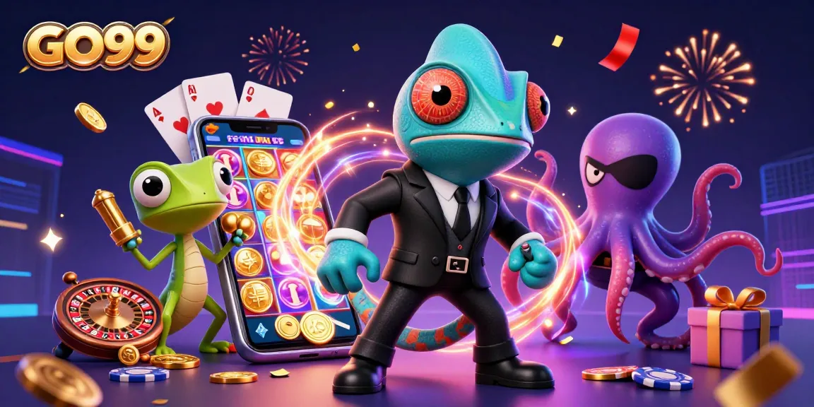 Experience thrilling slots action with GO99's vibrant 3D casino scene featuring fun characters.