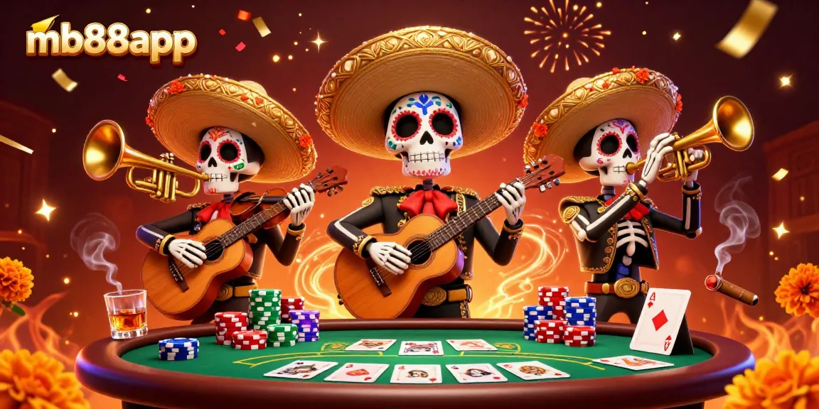 Engage in vibrant casino fun with mb88app featuring lively skeleton mariachis and poker action.