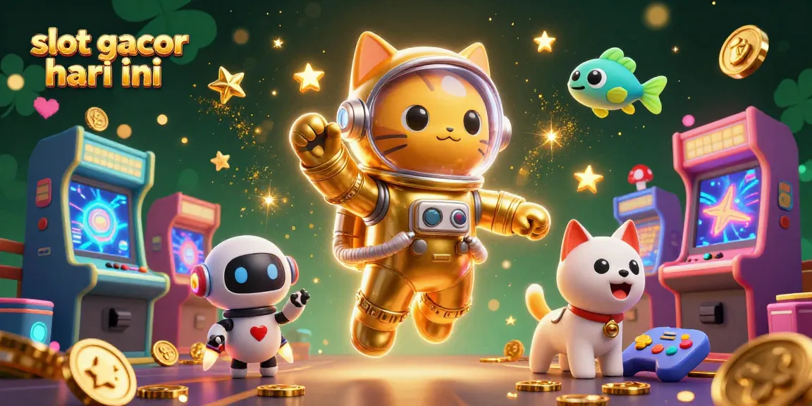 Menangkan slot gacor hari ini di kasino virtual dengan ilustrasi kucing astronaut dan elemen permainan.