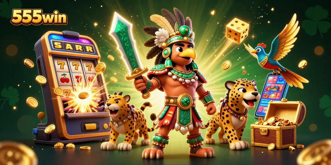Experience the excitement of 555win with an explosive casino illustration of jackpots and winning moments.