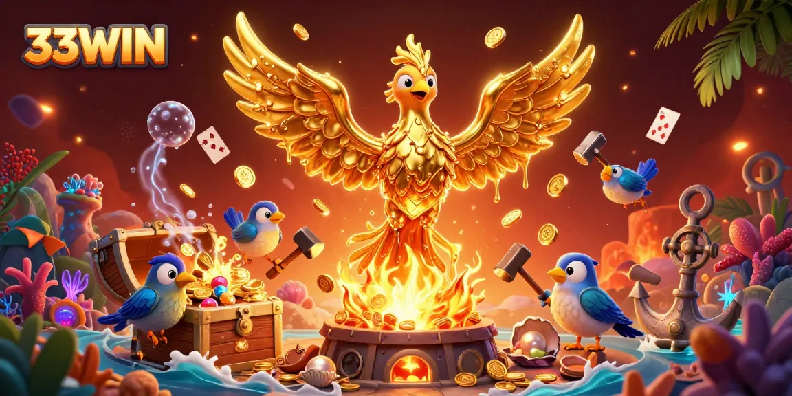 Experience the thrill of 33WIN with the golden phoenix amidst a vibrant casino scene.