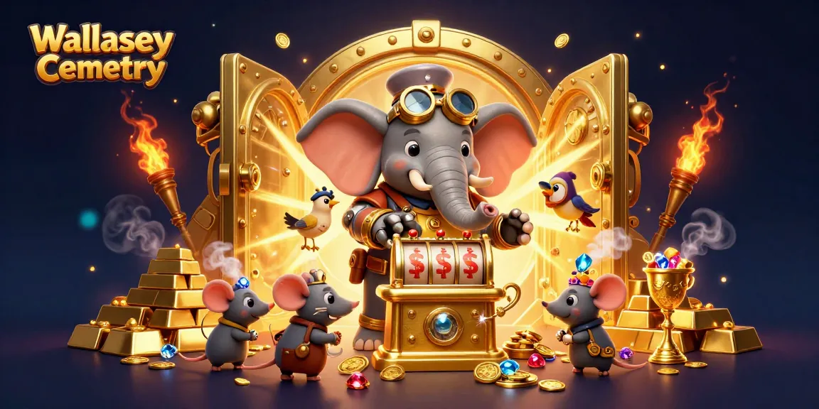 Engaging depiction of Wallasey Cemetery featuring steampunk elephant operating a golden slot machine amid treasure.