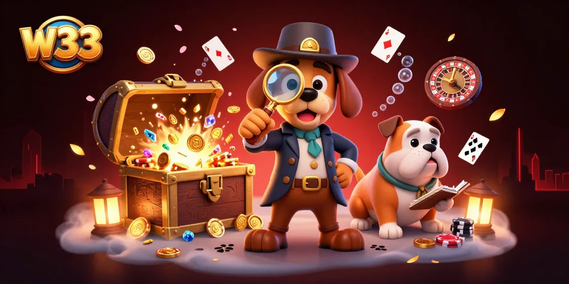 Experience the thrill of w33 casino gaming with 3D detective characters uncovering poker chip clues.