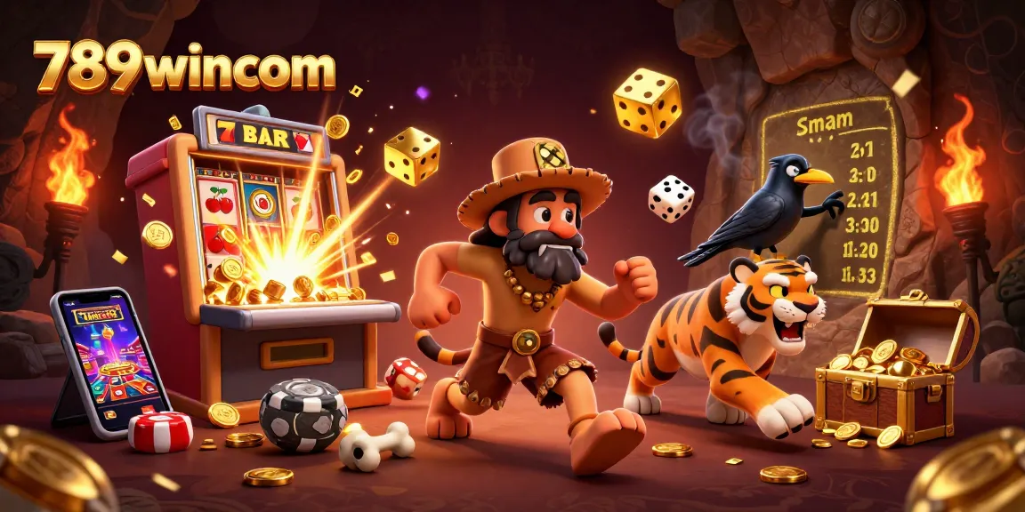 Spin and win at 789wincom with a lively prehistoric casino scene featuring a caveman and a sabertooth tiger.