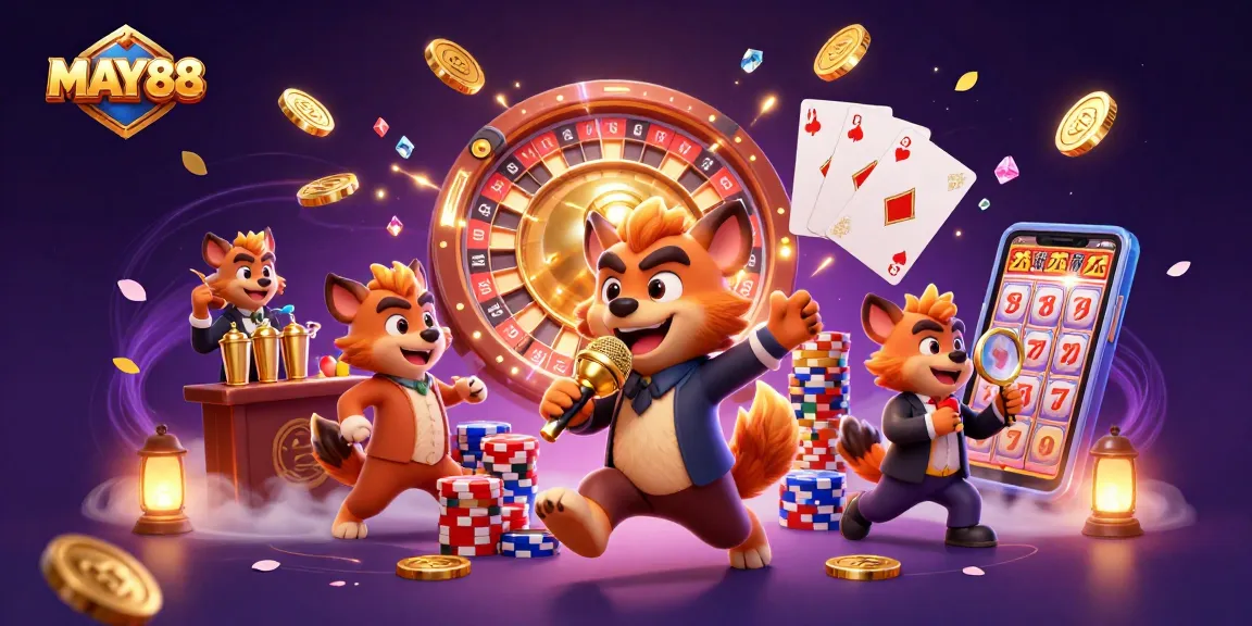 MAY88 brings laughter and excitement in this vibrant casino scene with hyena characters.