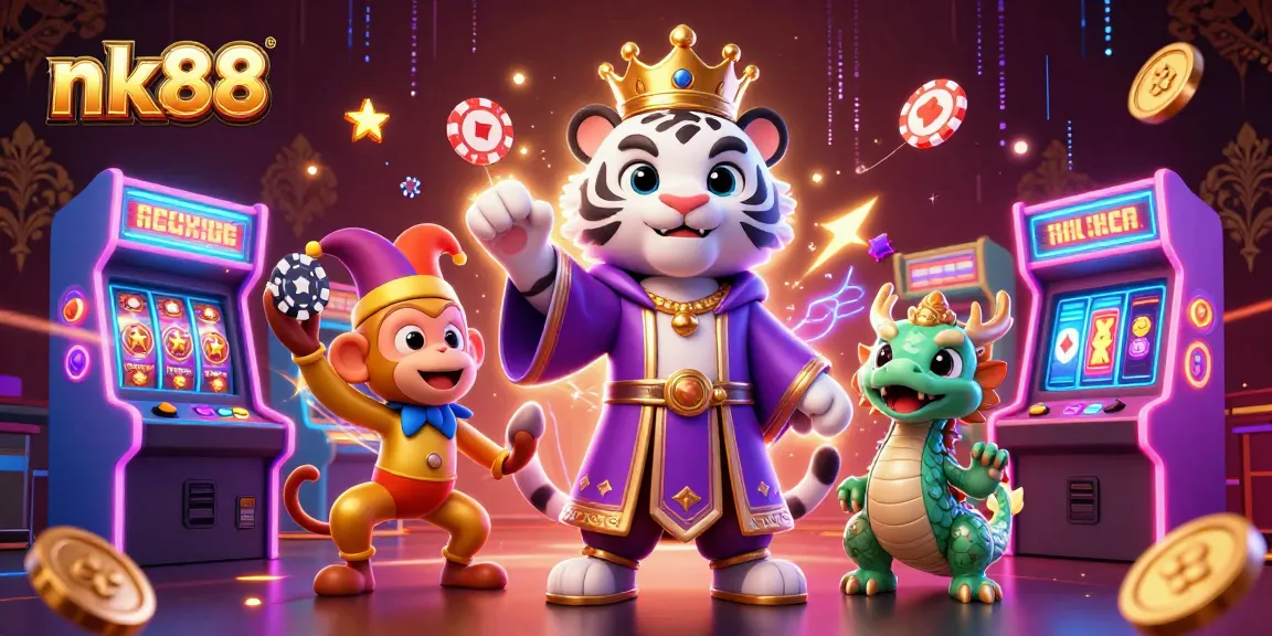 Playful scene depicting nk88 with a white tiger, monkey juggling poker chips, and arcade elements in a vibrant casino atmosphere.