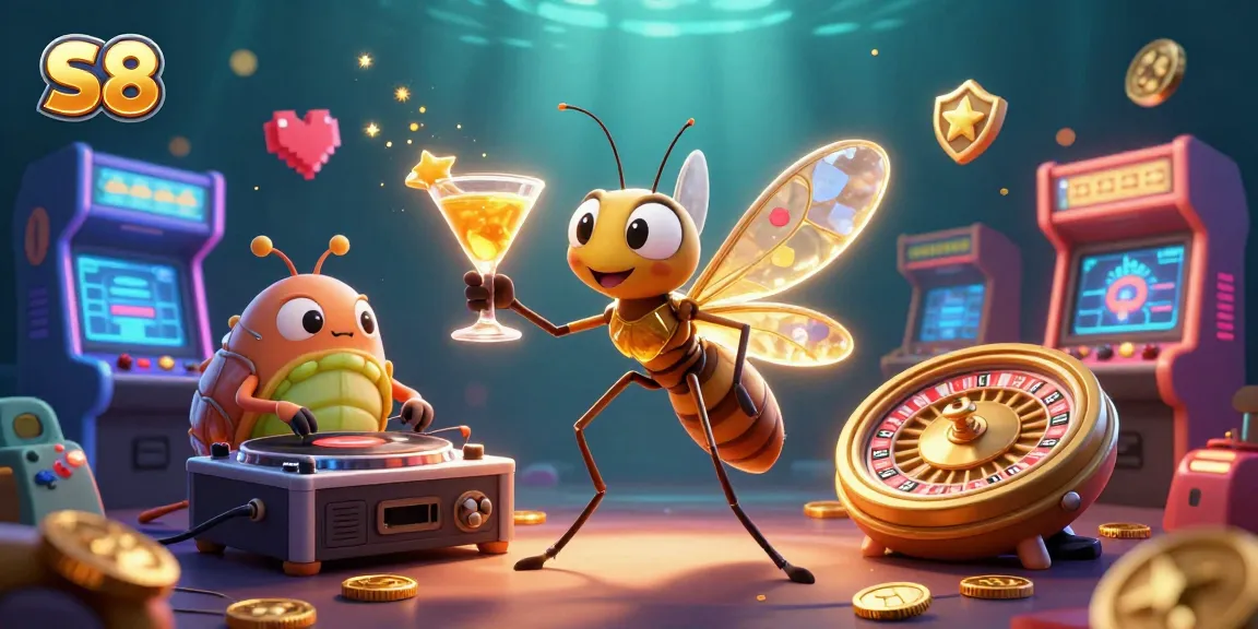 S8 engages players with a dynamic 3D casino illustration showcasing iconic gaming elements and vibrant characters.