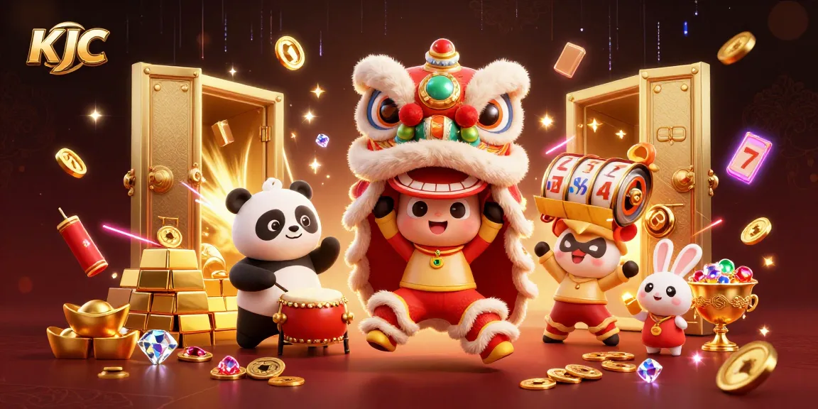 KJC promotes exciting gambling experiences with a lion dance, drumming panda, and vibrant casino elements.