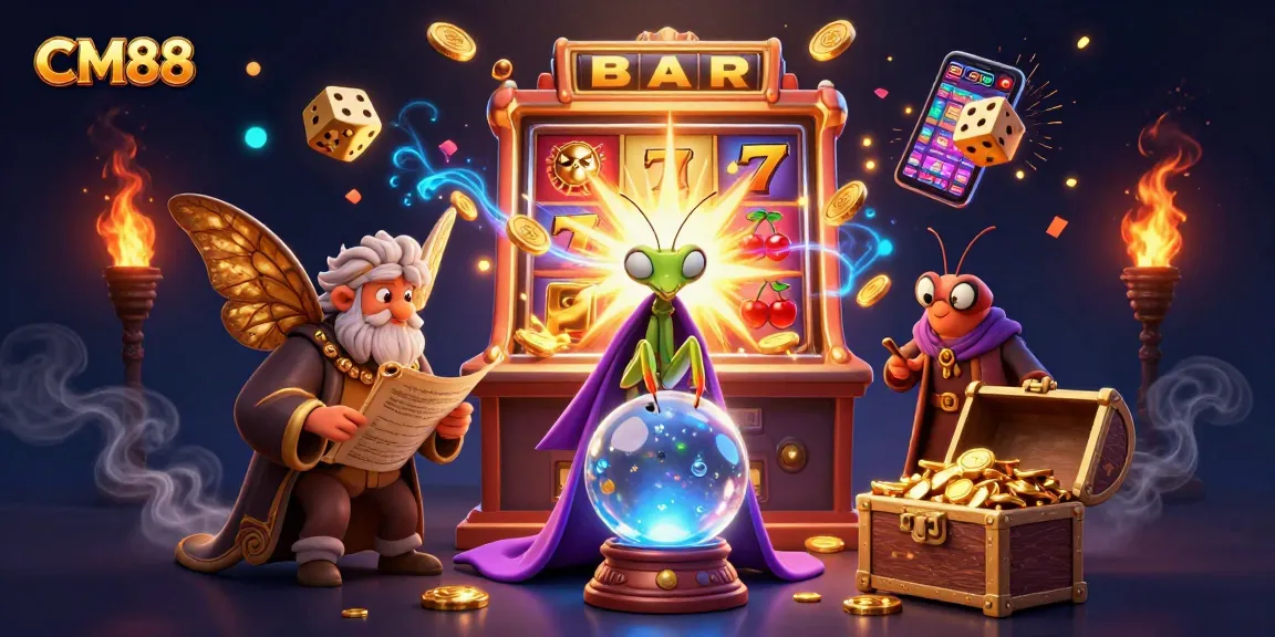 Experience the thrill at CM88 with a magical scene showcasing a fortune teller, slot machine, and vibrant gaming elements.