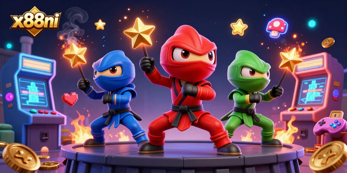 x88ni's dynamic illustration featuring chameleon ninjas in casino-themed action, surrounded by arcade game elements.