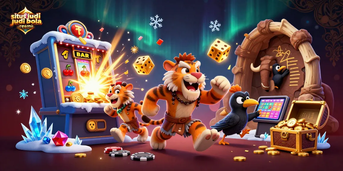 Immerse yourself in the dynamic scene of situs judi bola resmi, where a caveman duo and clever crow create a thrilling casino atmosphere.